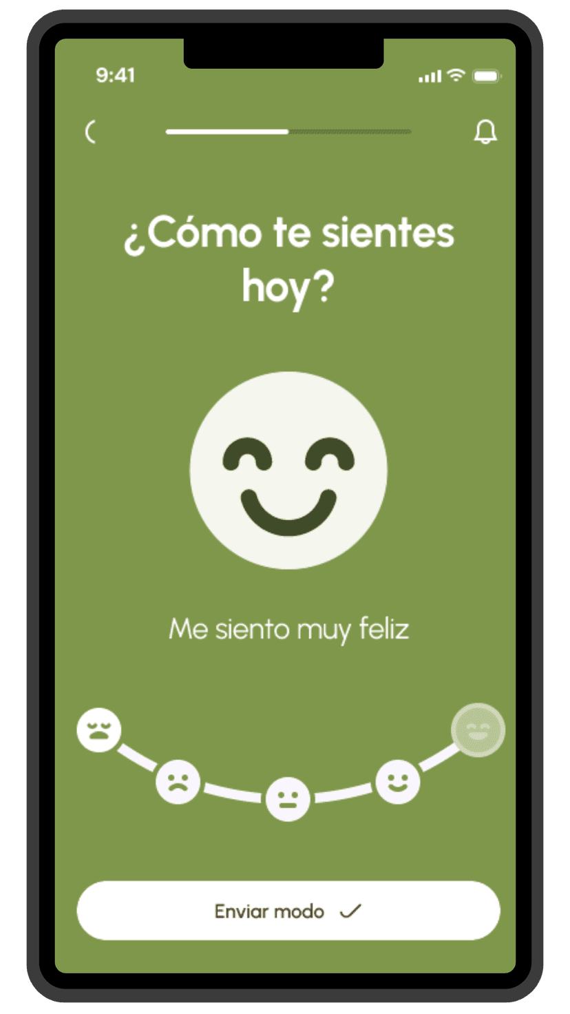Aplicación de bienestar emocional mostrando estado de ánimo